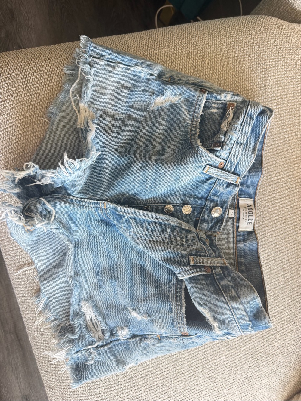 AGOLDE Light Blue Distressed Denim Shorts